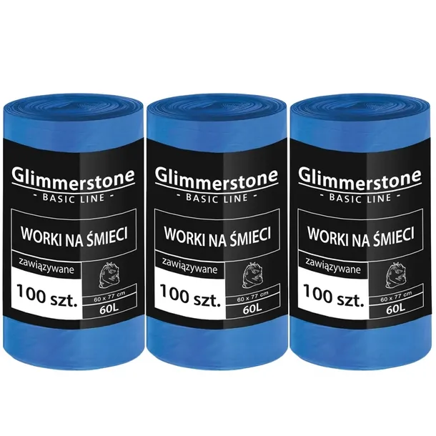 GLIMMERSTONE 3x WORKI NA ŚMIECI WIĄZANE 60L 300 SZT GRUBE I MOCNE JAKOŚĆ