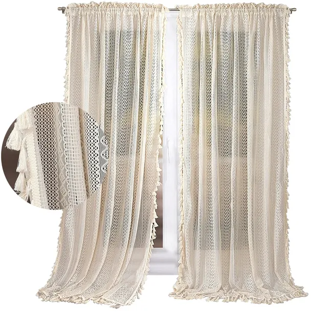 ZASŁONA FIRANA GOTOWA KORONKOWA BEŻOWA STYL BOHO 145x250 - BEZ PRASOWANIA