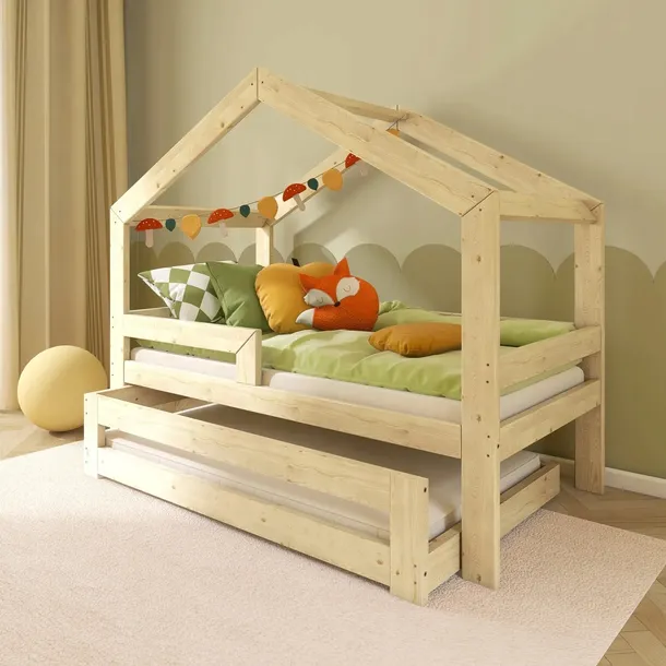 ŁÓŻKO DOMEK PODWÓJNE WYSUWANE PIĘTROWE 180X90 + BARIERKA + 2 STELAŻE W5