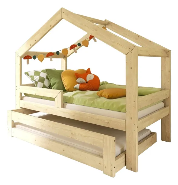 ŁÓŻKO DOMEK PODWÓJNE WYSUWANE PIĘTROWE 160X80 + BARIERKA + 2 STELAŻE W5