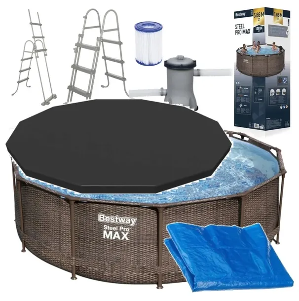 BESTWAY 56709 BASEN OGRODOWY STELAŻOWY RATTAN 366X100 ZESTAW POKRYWA MATA