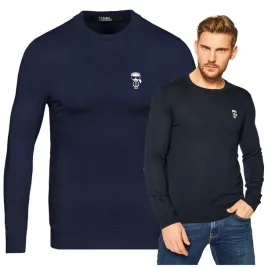 Zdjęcie produktu KARL LAGERFELD Sweter Męski Granatowy Gładki Okrągły Dekolt Klasyczny r. XL