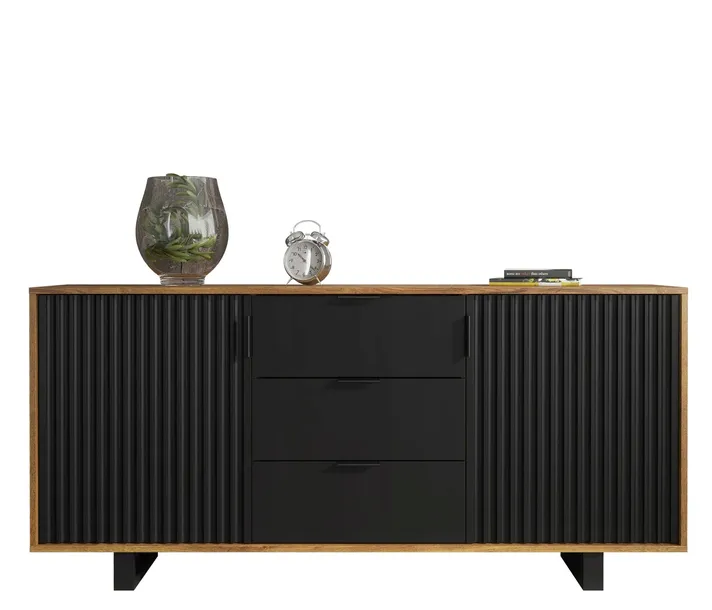 KOMODA DO SALONU POKOJU RYFLOWANE FRONTY LOFT RETRO DĄB/CZARNY MAT LFT101E