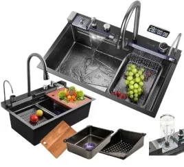 zlewozmywak-kuchenny-jednokomorowy-wielofunkcyjny-bateria-wodospad-czarny
