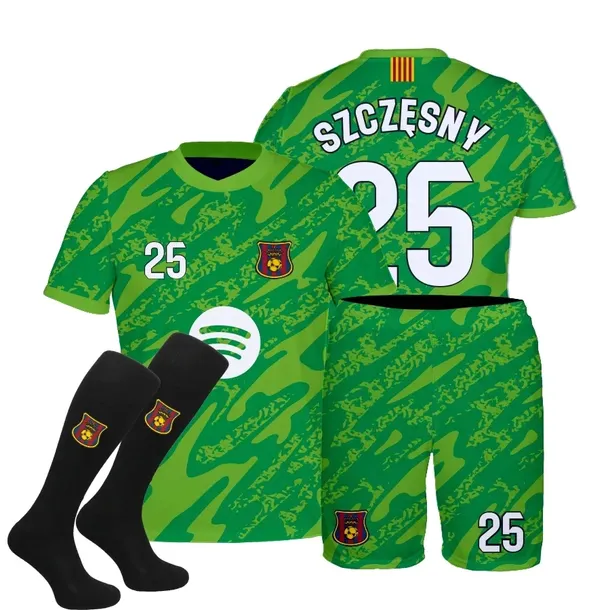 SZCZĘSNY BARCELONA ZIELONY komplet koszulka spodenki getry rozmiar 110
