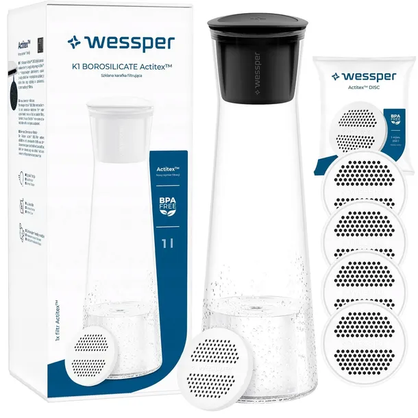 Szklana karafka filtrująca Wessper K1 BOROSCILICATE 1L + 5x filtr wody