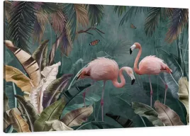 obraz-na-plotnie-tropikalne-liscie-flamingi-do-salonu-sypialni-120x80