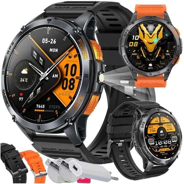 SMARTWATCH MĘSKI ZEGAREK WATCH GPS CZARNY ROZMOWY WODOODPORNY 3ATM MenuPL