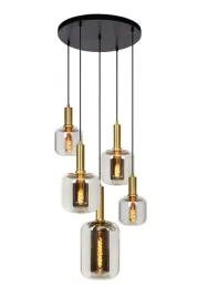 lampa-wiszaca-nowoczesna-czarna-zlota-szklane-dymione-klosze-5-pkt-lucide
