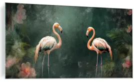 obraz-na-szkle-flamingi-platki-palmy-flaming-szklany-do-pokoju-120x60cm