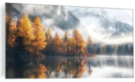 obraz-na-szkle-gory-drzewa-jesien-jezioro-mgla-szklane-do-salonu-120x60cm