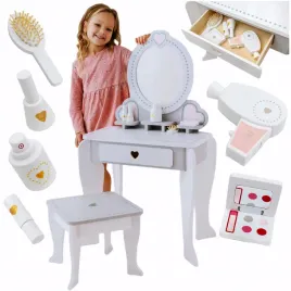 drewniana-toaletka-marzen-dla-dzieci-taboret-lustro-kosmetyki-akcesoria