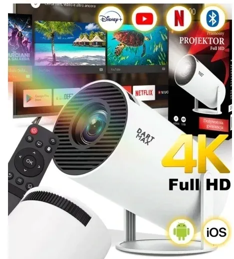PROJEKTOR RZUTNIK LED ANDROID OBROTOWY 4K TV WIFI 5G GŁOŚNIK BLUETOOTH HD