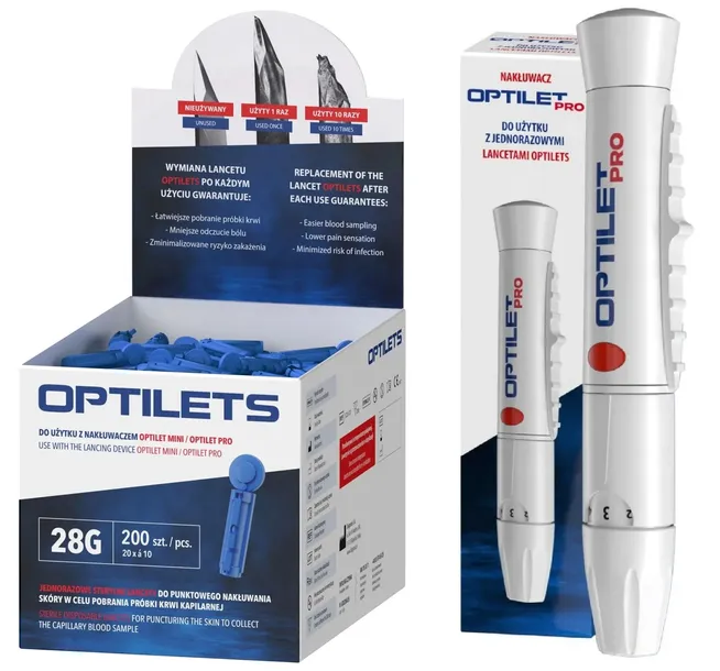 STERYLNE LANCETY JEDNORAZOWE OPTILETS, 200 SZT + NAKŁUWACZ OPTILET PRO 1szt