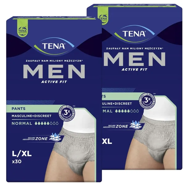 2x30szt dyskretne męskie chłonne bokserki TENA MEN PANTS NORMAL szare L/XL