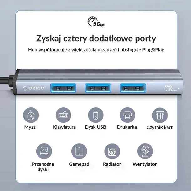 orico-hub-usb-c-1xusb-a-5gbps-3xusb-a-2-0-aluminiowy-kod-producenta-ah-13-gy-ep-hw-stan-nowy