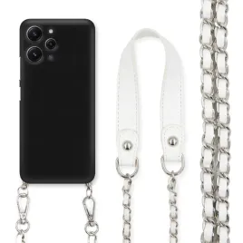 etui-do-xiaomi-redmi-12-4g-czarny-matowy-lancuch-srebrny-pasek-bialy-modny