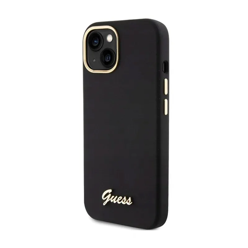 guess-silicone-script-metal-logo-and-frame-etui-iphone-15-czarny