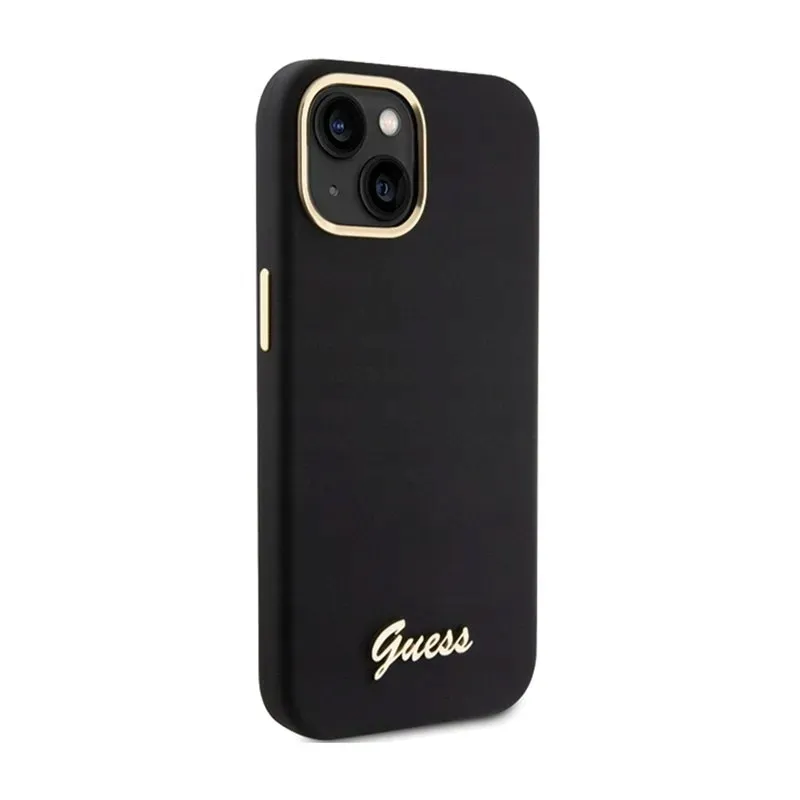 guess-silicone-script-metal-logo-and-frame-etui-iphone-15-czarny