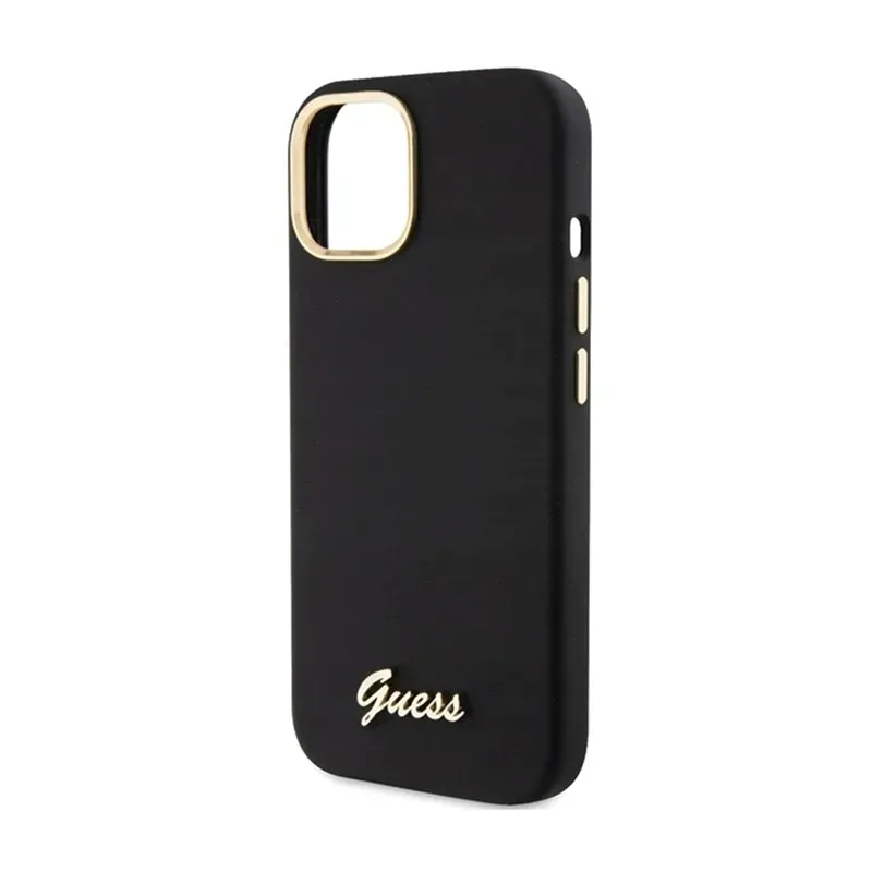 guess-silicone-script-metal-logo-and-frame-etui-iphone-15-czarny