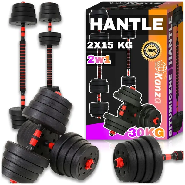ZESTAW HANTLE REGULOWANE 2 x 15 KG + SZTANGA = ZESTAW HANTLI 30 KG GRYF