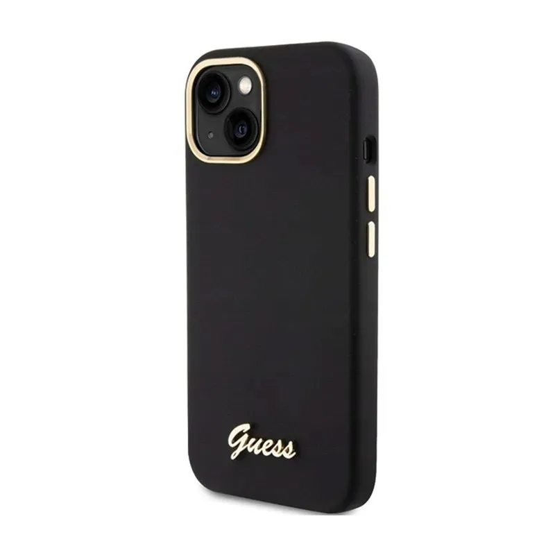 guess-silicone-script-metal-logo-and-frame-etui-iphone-15-czarny