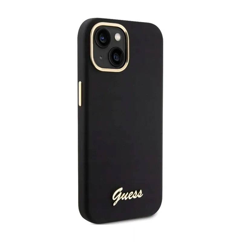 guess-silicone-script-metal-logo-and-frame-etui-iphone-15-czarny