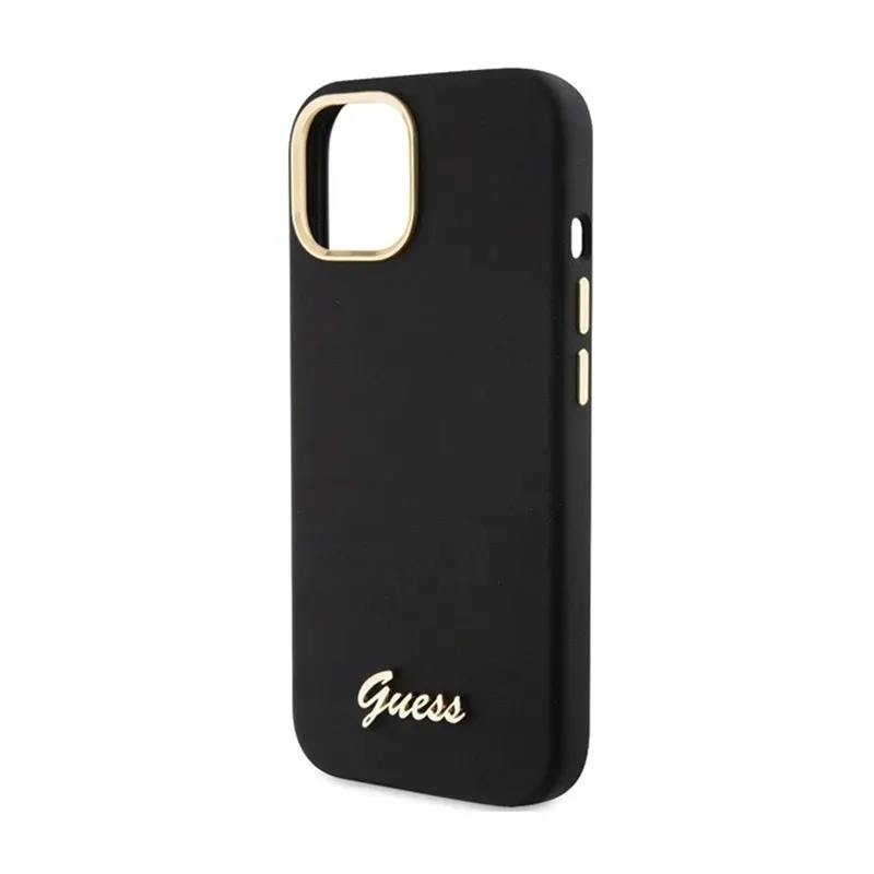 guess-silicone-script-metal-logo-and-frame-etui-iphone-15-czarny