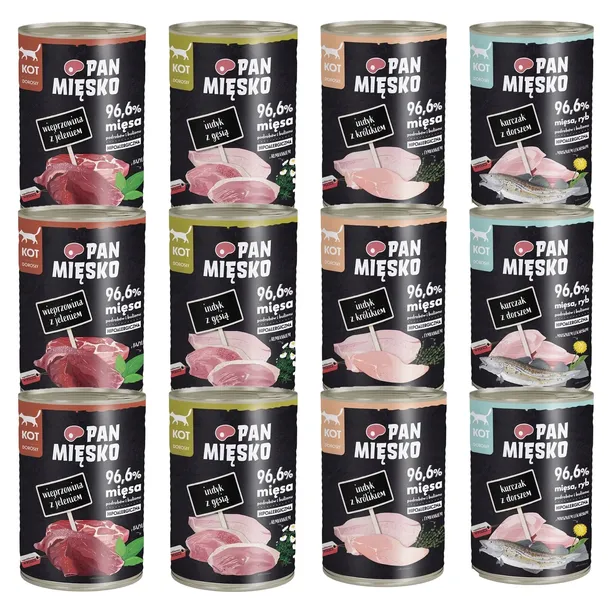 KARMA DLA KOTA PAN MIĘSKO MIX 4 SMAKÓW 12 x 400g HIPOALERGICZNA PREMIUM