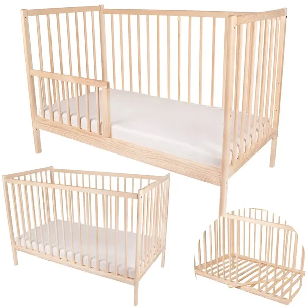 ŁÓŻECZKO DZIECIĘCE DREWNIANE 2W1 TAPCZANIK DOSTAWKA 120X60 NATURALNE