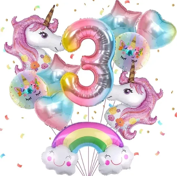 Balony na 3 urodziny JEDNOROŻEC Zestaw 10 Balonów foliowych CYFRA 3 - 70cm