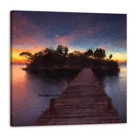 obraz-na-plotnie-drewniany-mostek-zachod-slonca-woda-60x60-cm