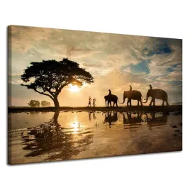 obraz-na-plotnie-ludzie-na-sloniach-zachod-slonca-afryka-sawanna-120x80-cm