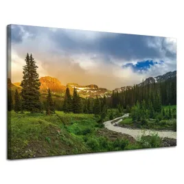 obraz-na-plotnie-sciezka-wsrod-gor-las-drzewa-slonce-120x80-cm