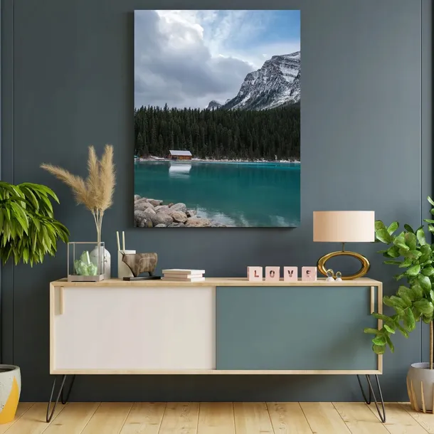 obraz-na-plotnie-natura-chatka-nad-jeziorem-30x40-sposob-wykonania-druk-cyfrowy