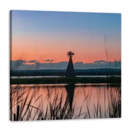 obraz-na-plotnie-wiatrak-niebo-natura-zachod-slonca-jezioro-trawa-60x60