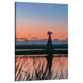 obraz-na-plotnie-wiatrak-niebo-natura-zachod-slonca-jezioro-trawa-80x120