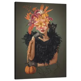 obraz-na-plotnie-dama-z-kotem-kwiaty-czern-80x120-cm