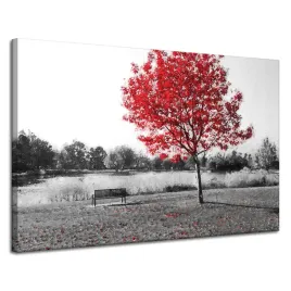 obraz-na-plotnie-szarosc-czerwone-liscie-kontrast-120x80-cm