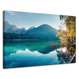 obraz-na-plotnie-slonce-nad-gorami-jezioro-woda-spokoj-120x80-cm