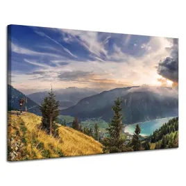 obraz-na-plotnie-slonce-nad-gorami-chmury-wioska-120x80-cm