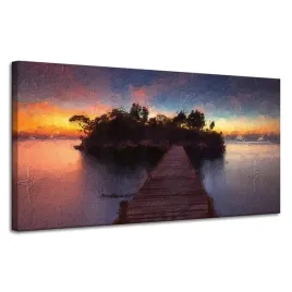 obraz-na-plotnie-drewniany-mostek-zachod-slonca-woda-120x60-cm