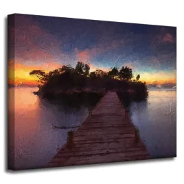 obraz-na-plotnie-drewniany-mostek-zachod-slonca-woda-50x40-cm