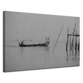 obraz-na-plotnie-czarnobiala-lodka-na-wodzie-retro-120x80-cm