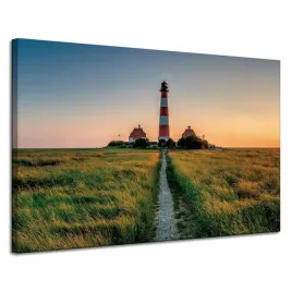 obraz-na-plotnie-miasteczko-latarnia-bialo-czerwona-zachod-slonca-120x80-cm