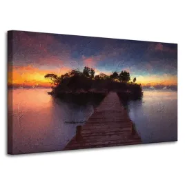 obraz-na-plotnie-drewniany-mostek-zachod-slonca-woda-100x60-cm