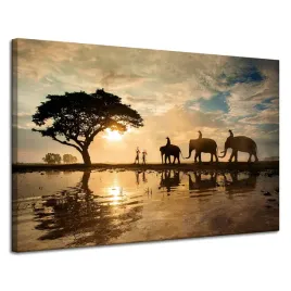 obraz-na-plotnie-ludzie-na-sloniach-zachod-slonca-afryka-sawanna-120x80-cm