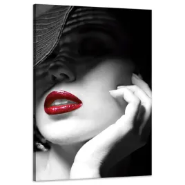 obraz-na-plotnie-czerwone-usta-kobiety-czarny-kapelusz-elegancja-60x90-cm