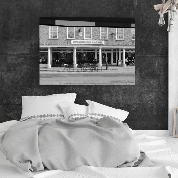 obraz-na-plotnie-architektura-starbucks-70x50-cmczarno-biale-szarosc-miasto-format-poziomy