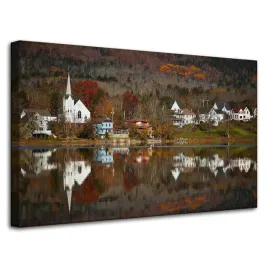 obraz-na-plotnie-architektura-miasteczko-80x50-cm-wioska-jesien-jezioro-las